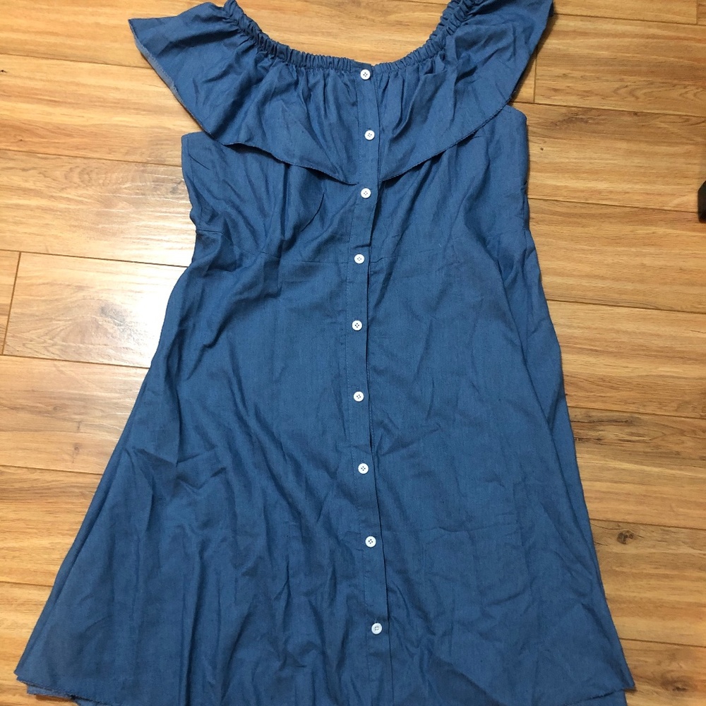 DENIM COLORED OFF SHOULDER DRESS (has some stretch